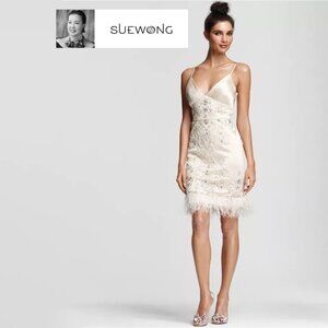 SUE WONG Beaded 1920s Flapper Dress w/ Ostrich Feather Trim NWT